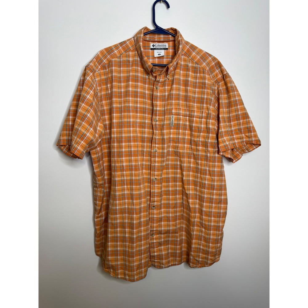 Columbia Button Down Shirt Mens XL Orange Excellent Plaid Cotton Short Sleeve